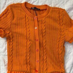NWOT Zara Orange Ruffled Cable Knit Cardigan Top Size Large